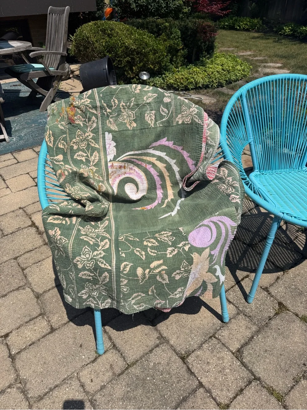 Green Floral Kantha Throw with Pink & Cream Accents